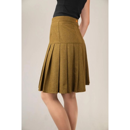 Vintage Pleated A-Line Skirt Warm Mustard Tone
