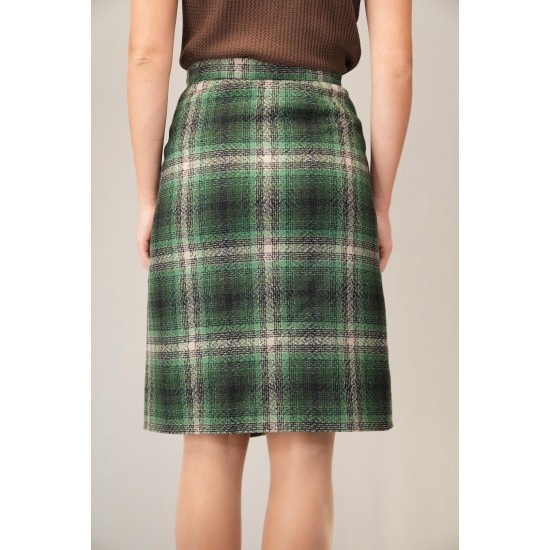 Vintage Green Plaid Knee-Length Skirt Classic Winter Style