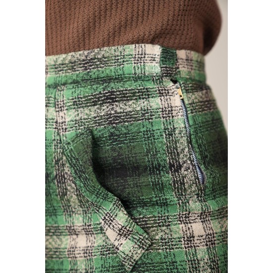 Vintage Green Plaid Knee-Length Skirt Classic Winter Style