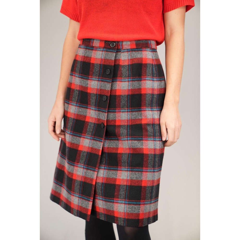 Red  Black Tartan Button-Front Skirt Classic Straight Midi