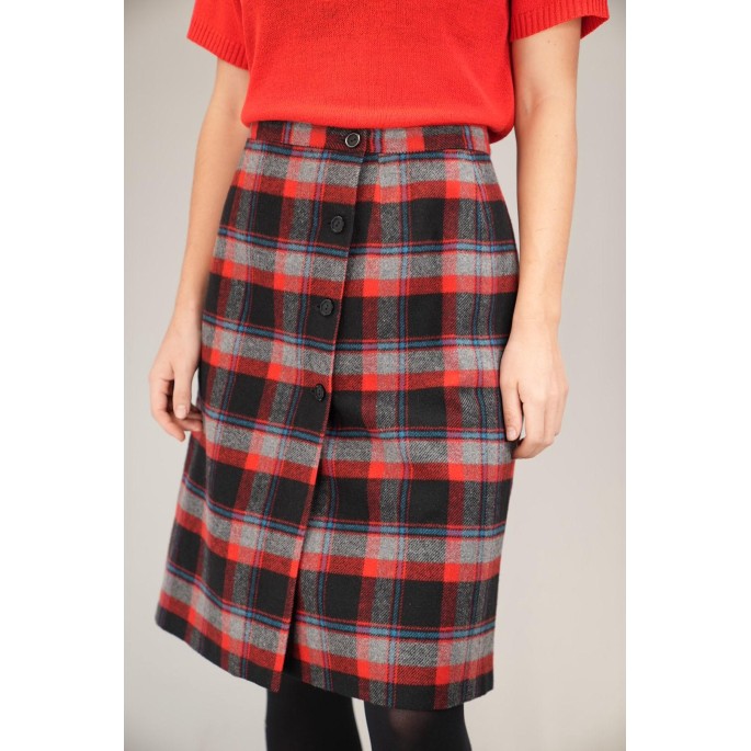 Red  Black Tartan Button-Front Skirt Classic Straight Midi
