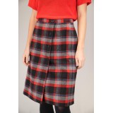 Red  Black Tartan Button-Front Skirt Classic Straight Midi