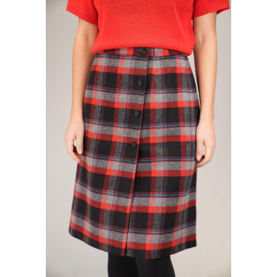 Red  Black Tartan Button-Front Skirt Classic Straight Midi