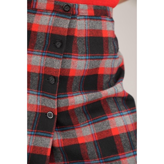 Red  Black Tartan Button-Front Skirt Classic Straight Midi