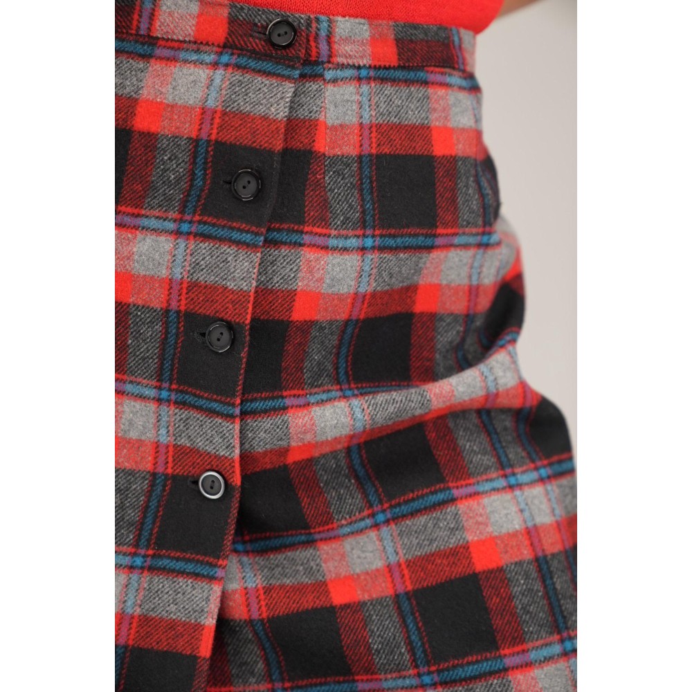 Red  Black Tartan Button-Front Skirt Classic Straight Midi