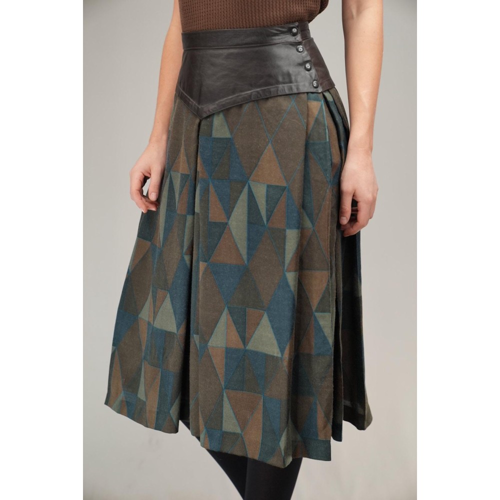 Leather Yoke Geometric Midi Skirt Artful Retro Edge