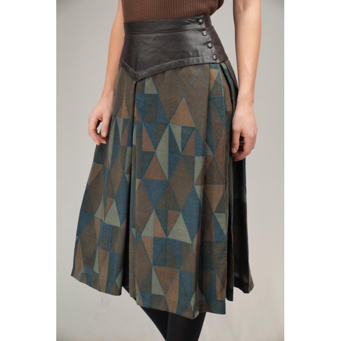 Leather Yoke Geometric Midi Skirt Artful Retro Edge