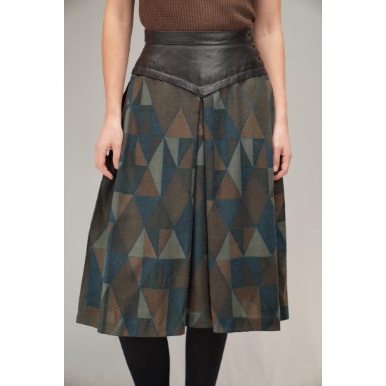 Leather Yoke Geometric Midi Skirt Artful Retro Edge