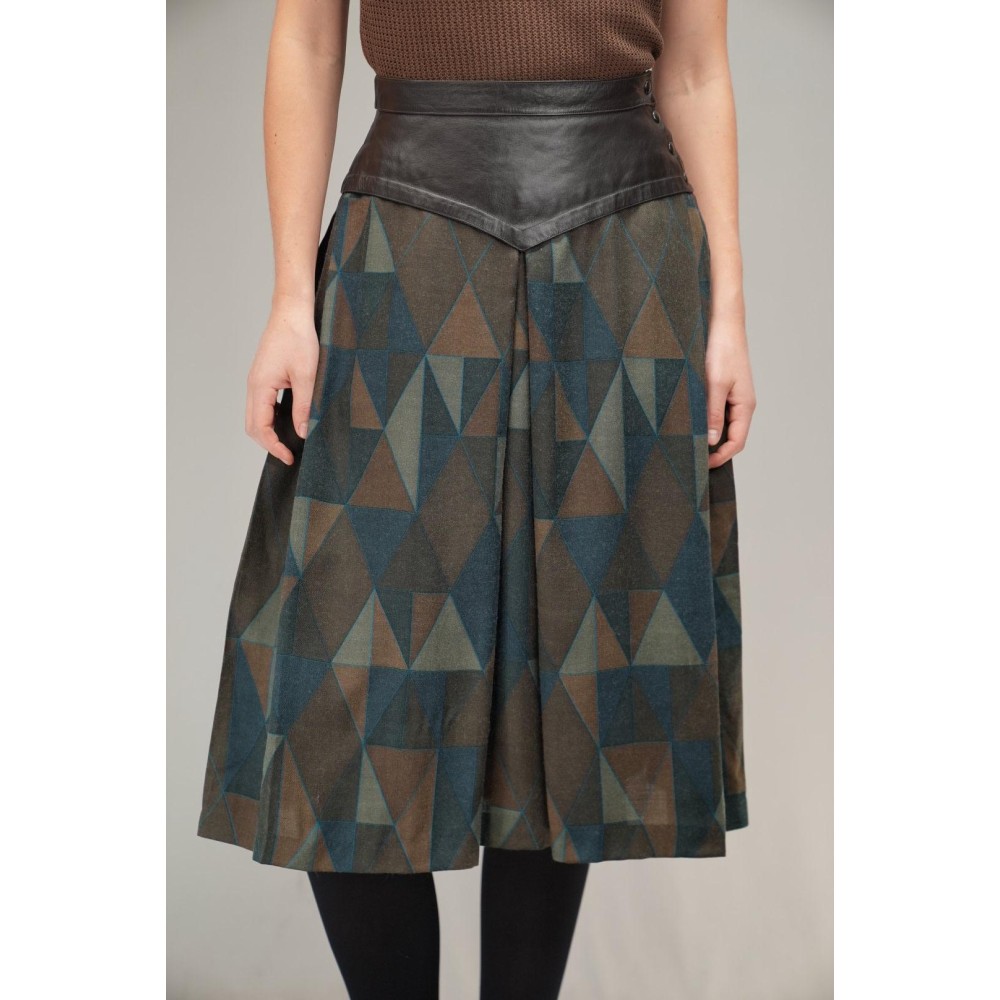 Leather Yoke Geometric Midi Skirt Artful Retro Edge