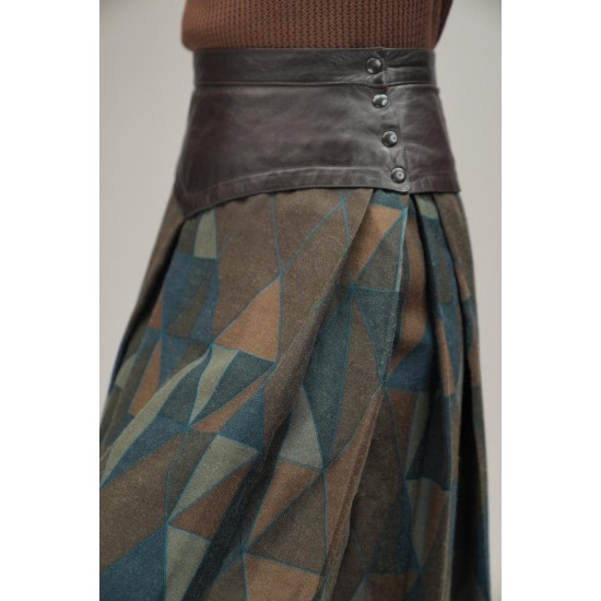 Leather Yoke Geometric Midi Skirt Artful Retro Edge