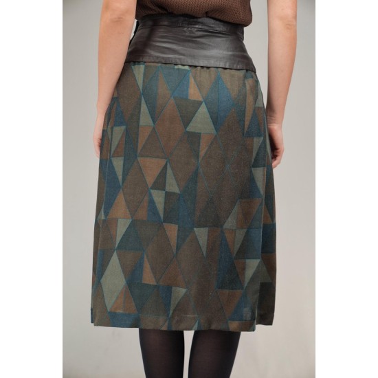 Leather Yoke Geometric Midi Skirt Artful Retro Edge