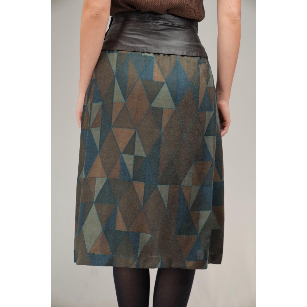 Leather Yoke Geometric Midi Skirt Artful Retro Edge