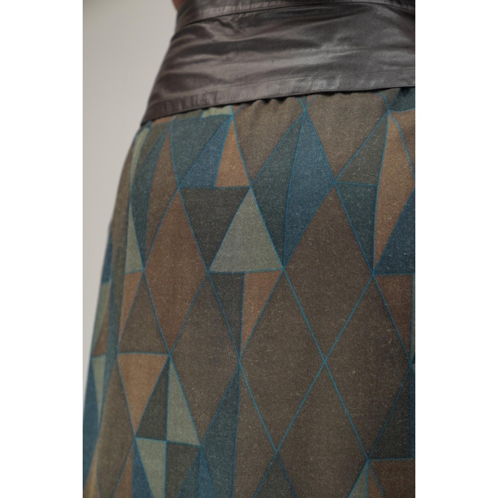 Leather Yoke Geometric Midi Skirt Artful Retro Edge