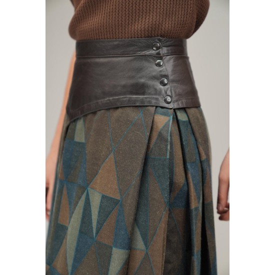 Leather Yoke Geometric Midi Skirt Artful Retro Edge