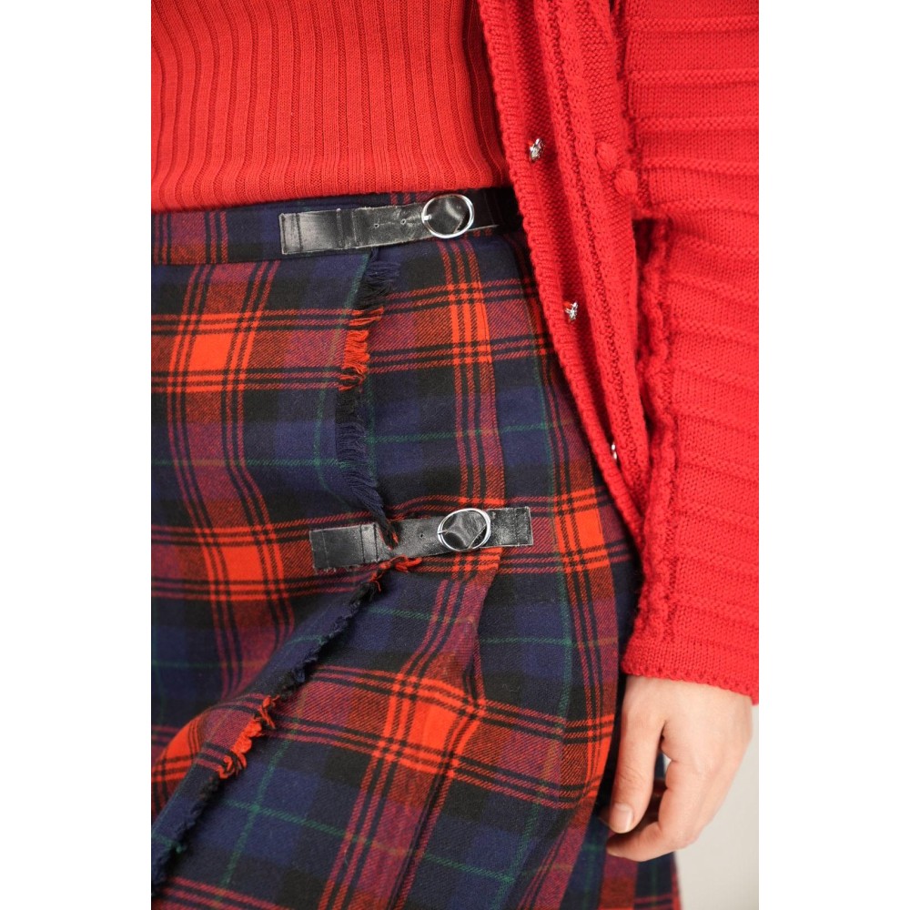 Red Navy Tartan Wrap Skirt Kilt-Inspired Heritage Style