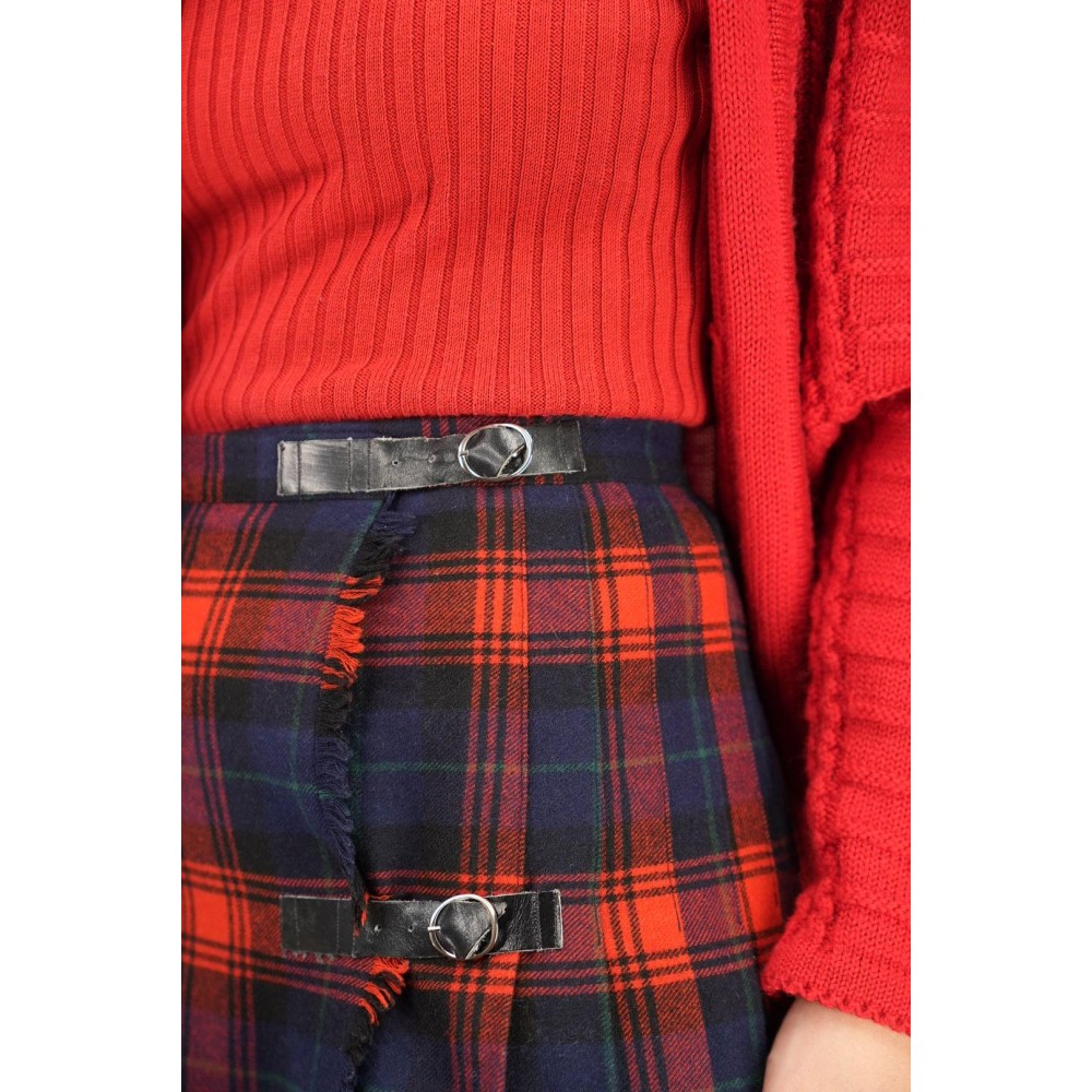 Red Navy Tartan Wrap Skirt Kilt-Inspired Heritage Style