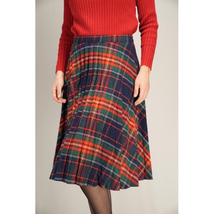 Navy Red Tartan Pleated Skirt Classic Swing Silhouette