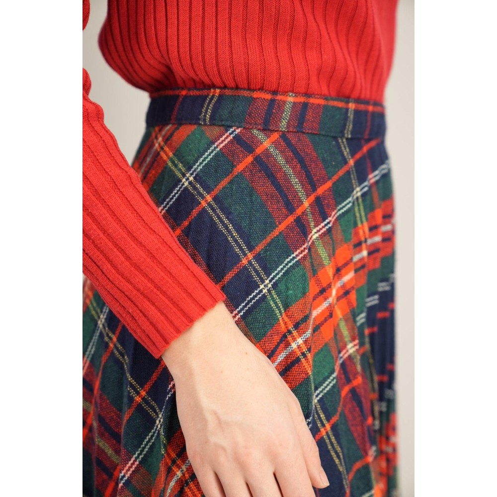 Navy Red Tartan Pleated Skirt Classic Swing Silhouette