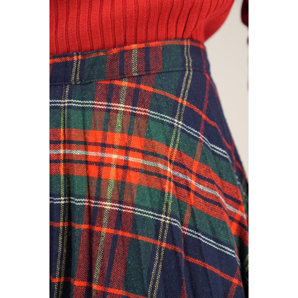 Navy Red Tartan Pleated Skirt Classic Swing Silhouette