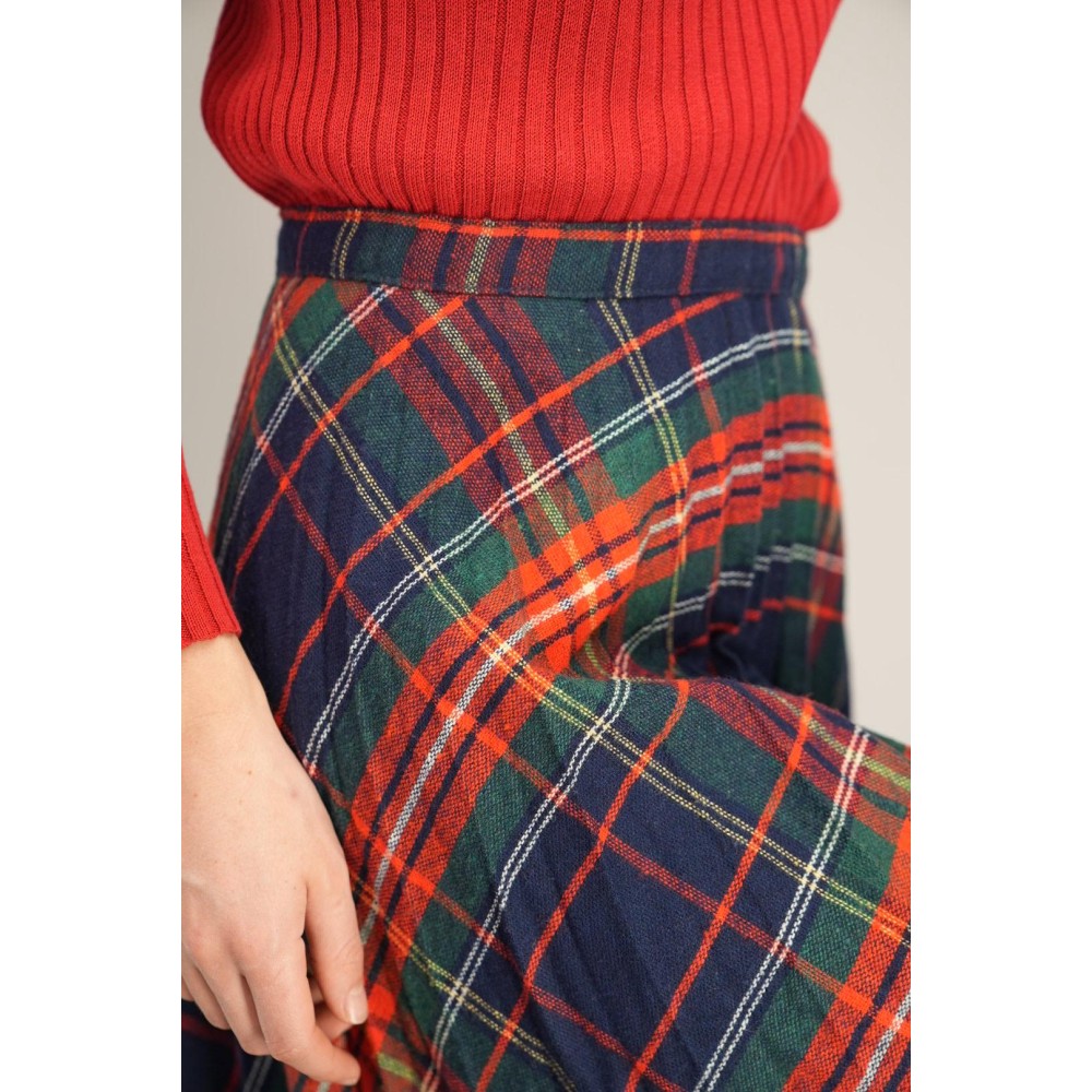 Navy Red Tartan Pleated Skirt Classic Swing Silhouette