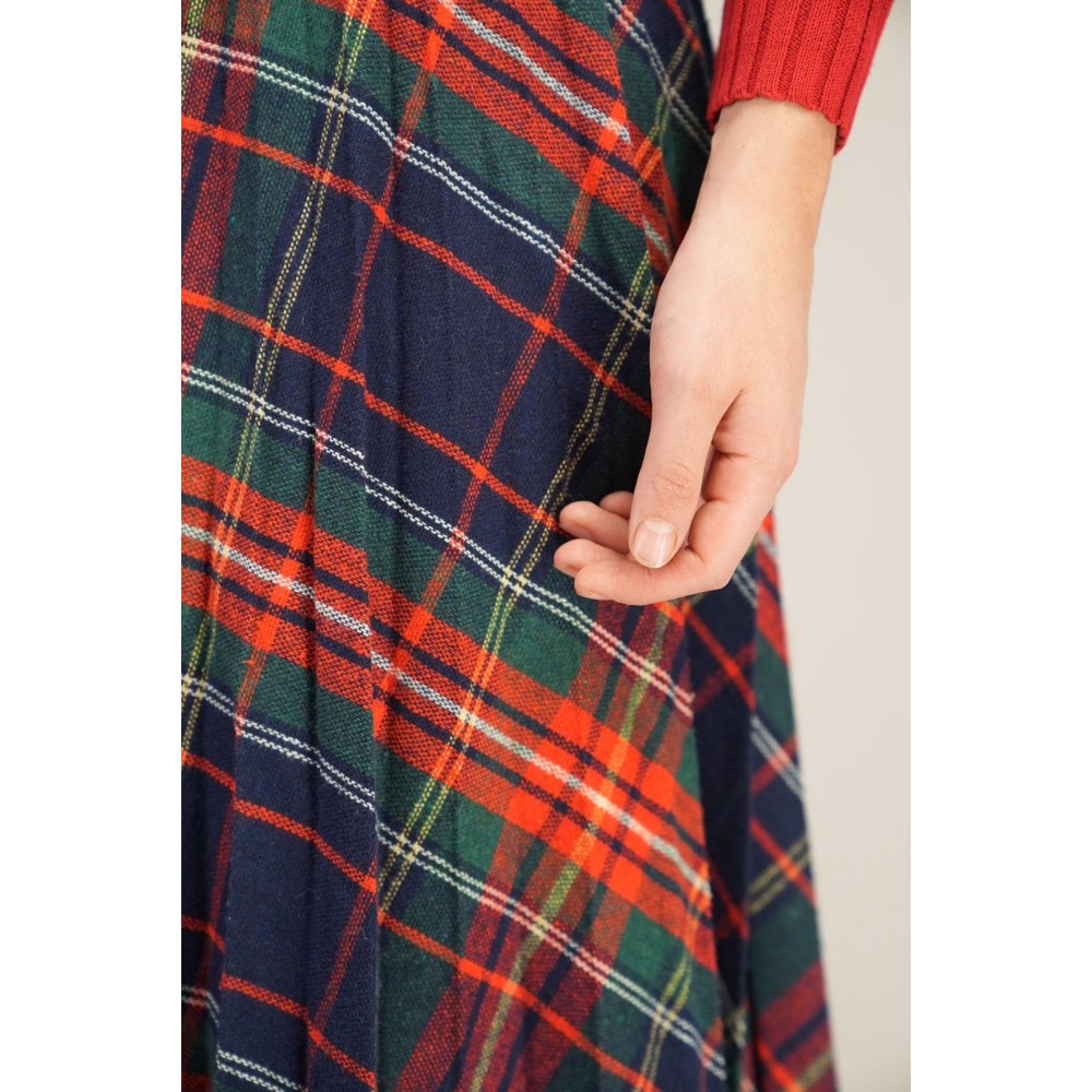Navy Red Tartan Pleated Skirt Classic Swing Silhouette