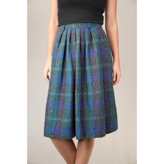 Teal Blue Tartan Pleated Midi Skirt Soft Vintage Charm