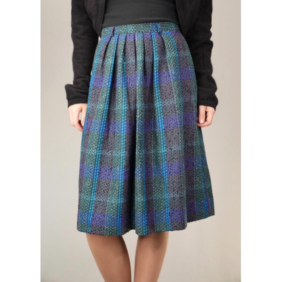 Teal Blue Tartan Pleated Midi Skirt Soft Vintage Charm
