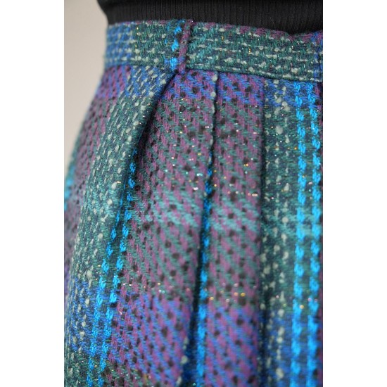 Teal Blue Tartan Pleated Midi Skirt Soft Vintage Charm