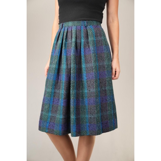 Teal Blue Tartan Pleated Midi Skirt Soft Vintage Charm