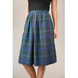 Teal Blue Tartan Pleated Midi Skirt Soft Vintage Charm