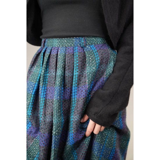 Teal Blue Tartan Pleated Midi Skirt Soft Vintage Charm