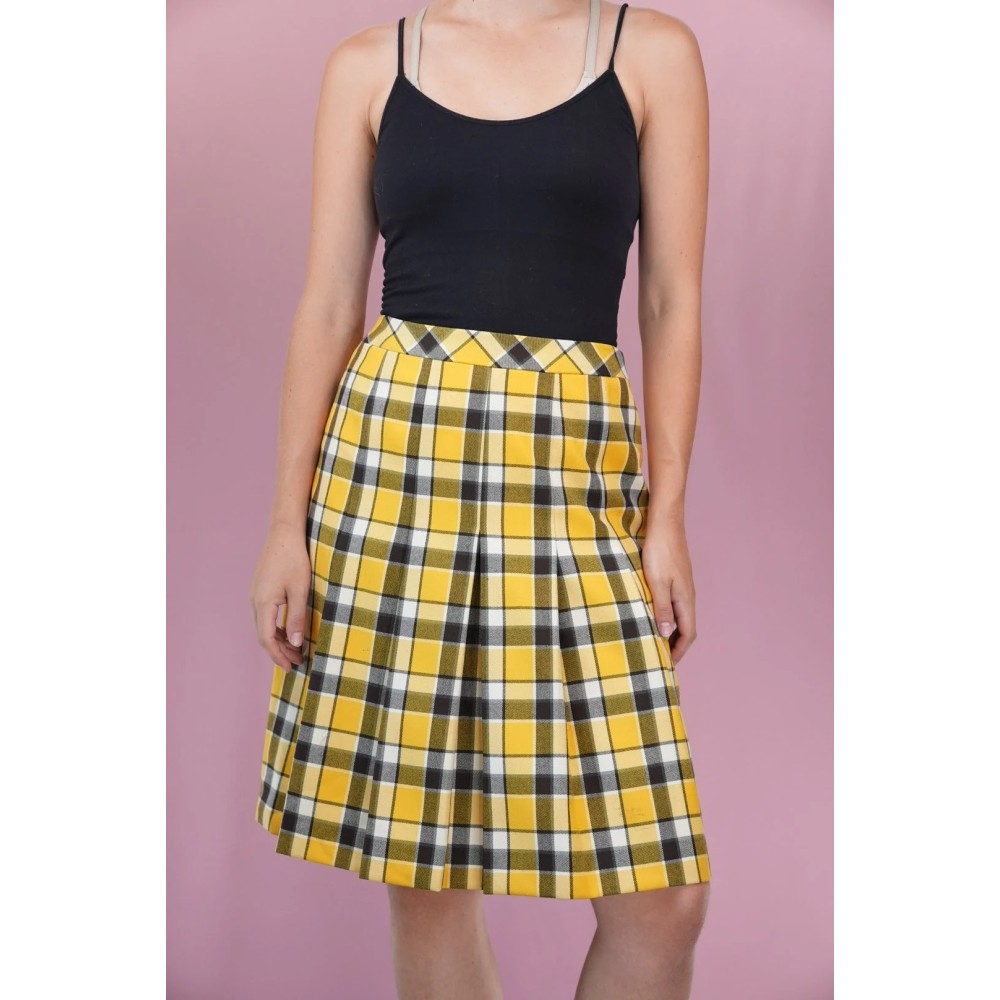 Yellow Check Pleated Skirt Bright Retro Everyday Style
