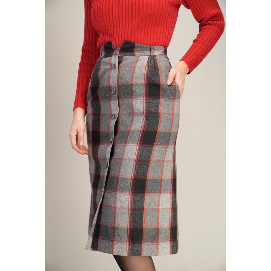 Grey Red Plaid Button-Front Midi Skirt Classic Winter Heritage