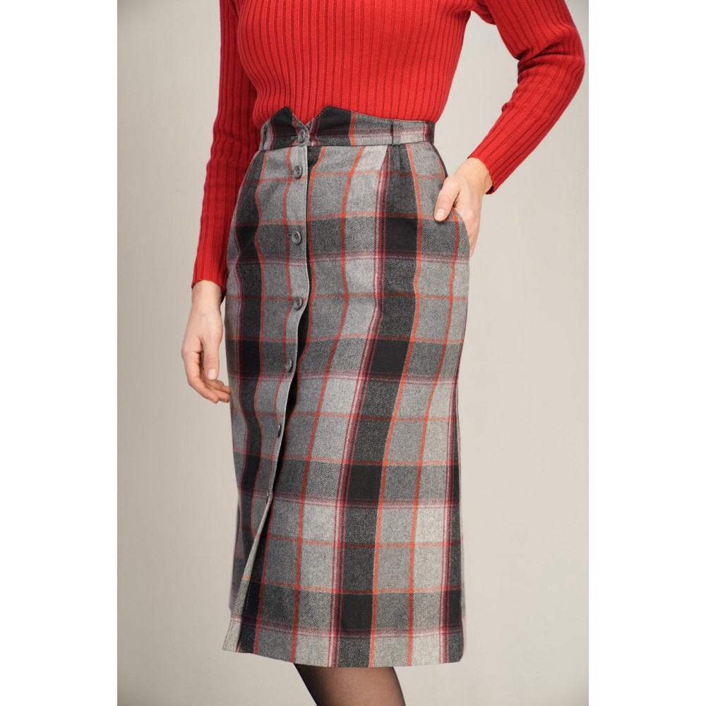 Grey Red Plaid Button-Front Midi Skirt Classic Winter Heritage