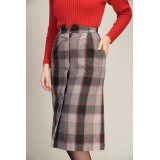 Grey Red Plaid Button-Front Midi Skirt Classic Winter Heritage