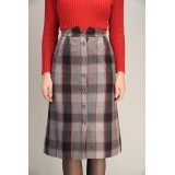 Grey Red Plaid Button-Front Midi Skirt Classic Winter Heritage