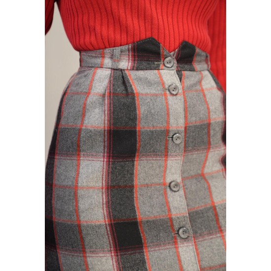 Grey Red Plaid Button-Front Midi Skirt Classic Winter Heritage