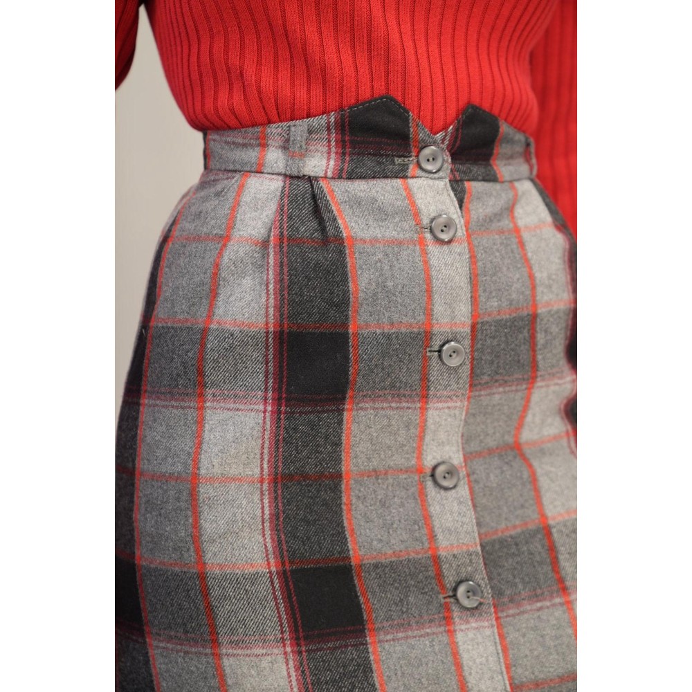 Grey Red Plaid Button-Front Midi Skirt Classic Winter Heritage