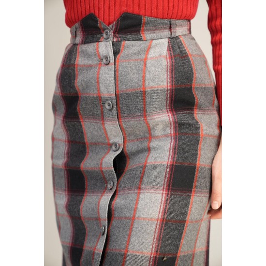 Grey Red Plaid Button-Front Midi Skirt Classic Winter Heritage
