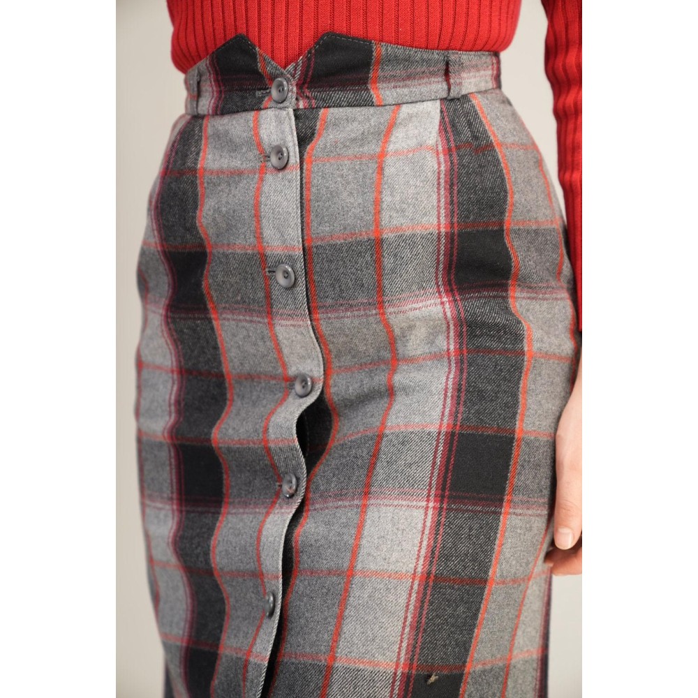 Grey Red Plaid Button-Front Midi Skirt Classic Winter Heritage