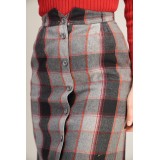Grey Red Plaid Button-Front Midi Skirt Classic Winter Heritage