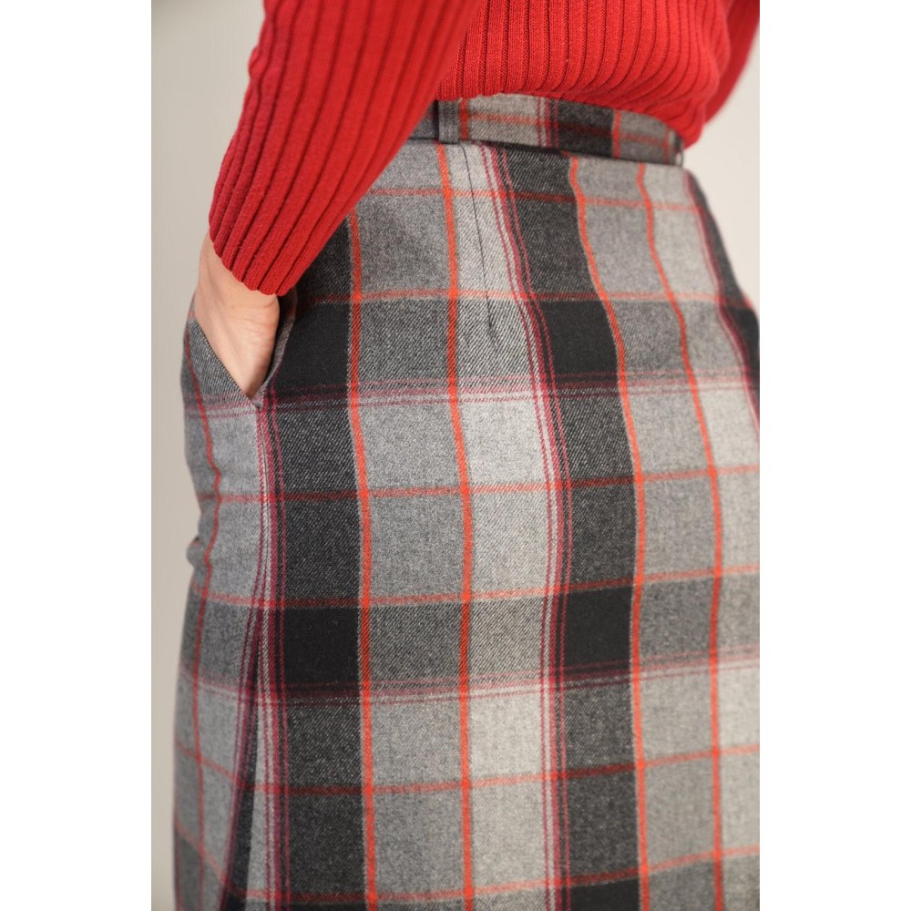 Grey Red Plaid Button-Front Midi Skirt Classic Winter Heritage