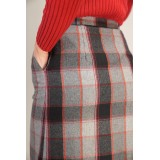 Grey Red Plaid Button-Front Midi Skirt Classic Winter Heritage