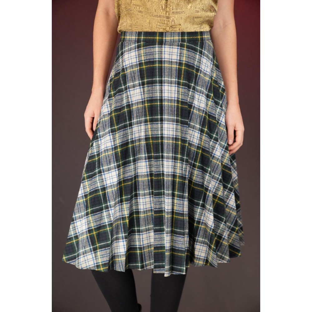 Green White Tartan A-Line Skirt Easy Everyday Swing