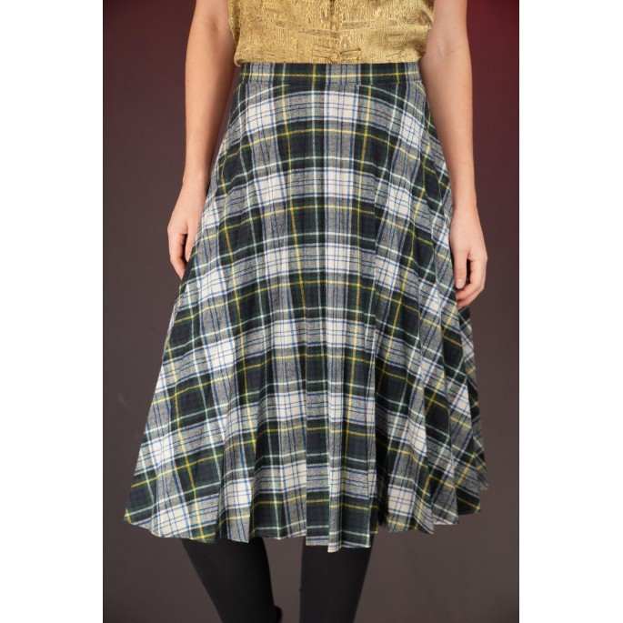 Green White Tartan A-Line Skirt Easy Everyday Swing