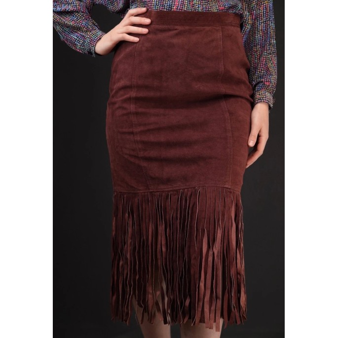Brown Suede Fringe Pencil Skirt Western-Inspired Statement