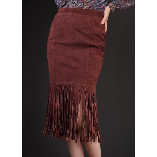 Brown Suede Fringe Pencil Skirt Western-Inspired Statement