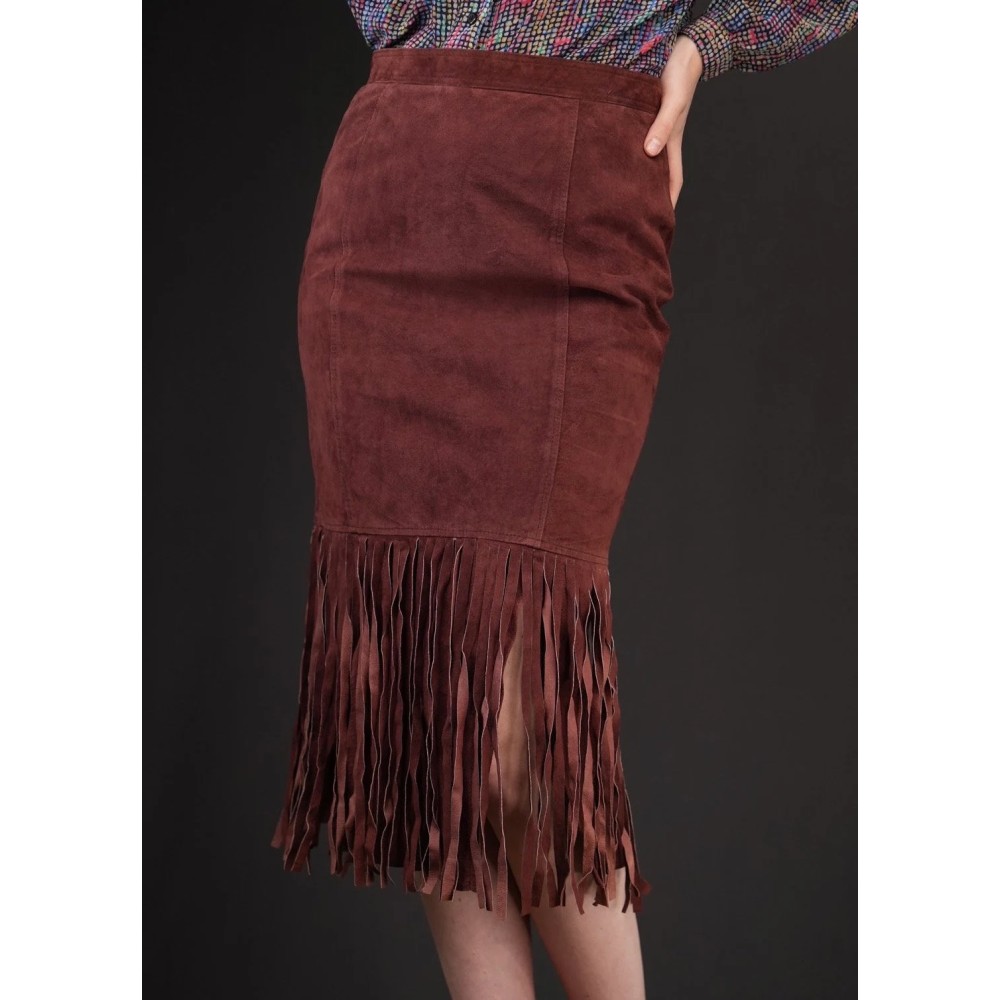 Brown Suede Fringe Pencil Skirt Western-Inspired Statement