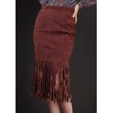 Brown Suede Fringe Pencil Skirt Western-Inspired Statement