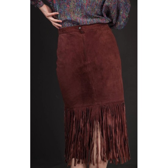Brown Suede Fringe Pencil Skirt Western-Inspired Statement